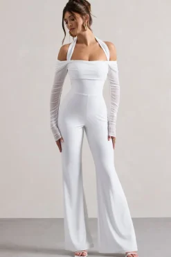 Shannon | White Ruched Halter-Neck Flared-Leg Jumpsuit