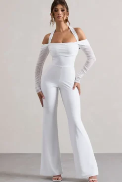 Shannon | White Ruched Halter-Neck Flared-Leg Jumpsuit
