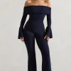 Shauna | Navy Bardot Long-Sleeve Flared Jumpsuit
