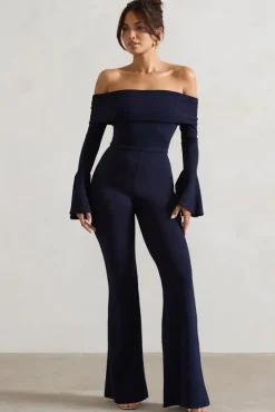 Shauna | Navy Bardot Long-Sleeve Flared Jumpsuit