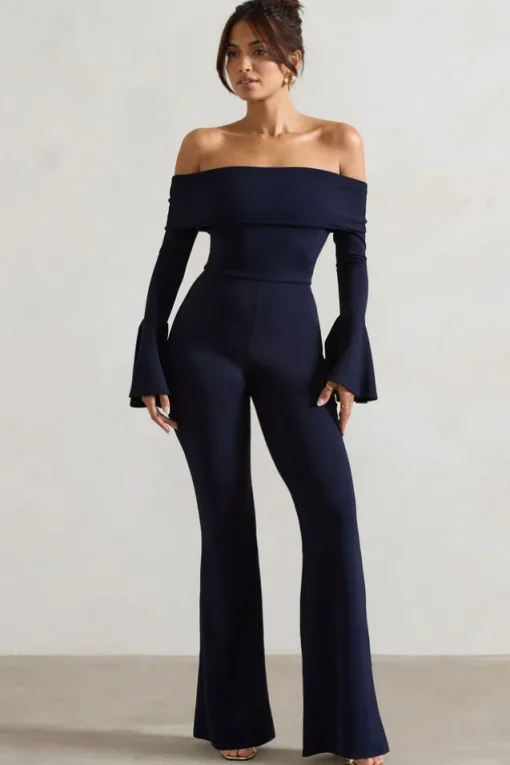 Shauna | Navy Bardot Long-Sleeve Flared Jumpsuit