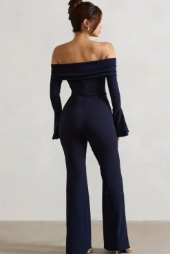 Shauna | Navy Bardot Long-Sleeve Flared Jumpsuit