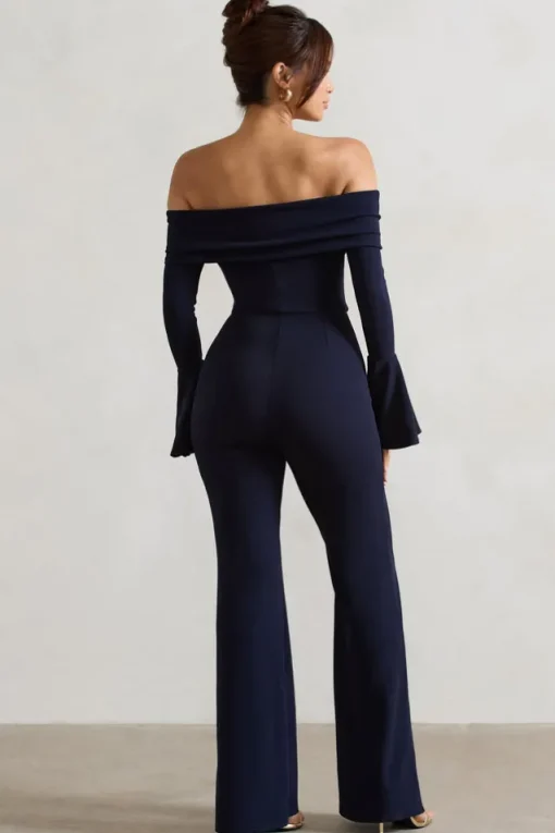 Shauna | Navy Bardot Long-Sleeve Flared Jumpsuit