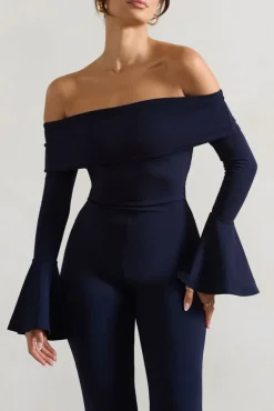 Shauna | Navy Bardot Long-Sleeve Flared Jumpsuit