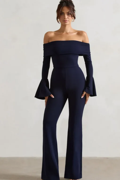 Shauna | Navy Bardot Long-Sleeve Flared Jumpsuit