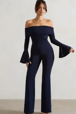 Shauna | Navy Bardot Long-Sleeve Flared Jumpsuit