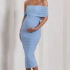 Shelby | Powder Blue Mesh Bardot Strappy Maternity Midi Dress