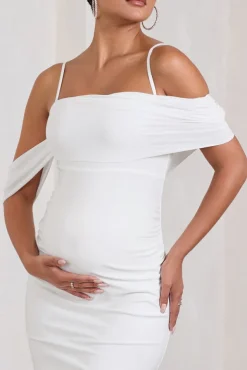 Shelby | White Mesh Bardot Strappy Maternity Midi Dress