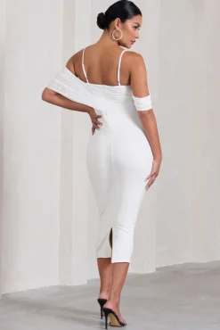 Shelby | White Mesh Bardot Strappy Maternity Midi Dress