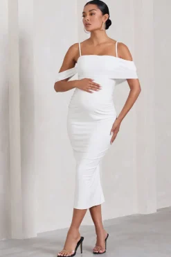 Shelby | White Mesh Bardot Strappy Maternity Midi Dress