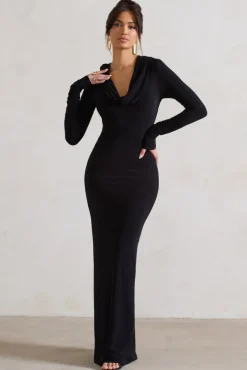 Shira | Black Long-Sleeve Hooded Maxi Dress