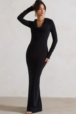 Shira | Black Long-Sleeve Hooded Maxi Dress