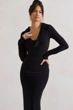 Shira | Black Long-Sleeve Hooded Maxi Dress