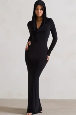 Shira | Black Long-Sleeve Hooded Maxi Dress