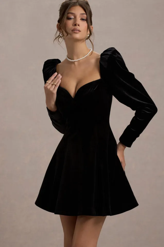 Shirley | Black Velvet Sweetheart Puff-Sleeve Mini Dress