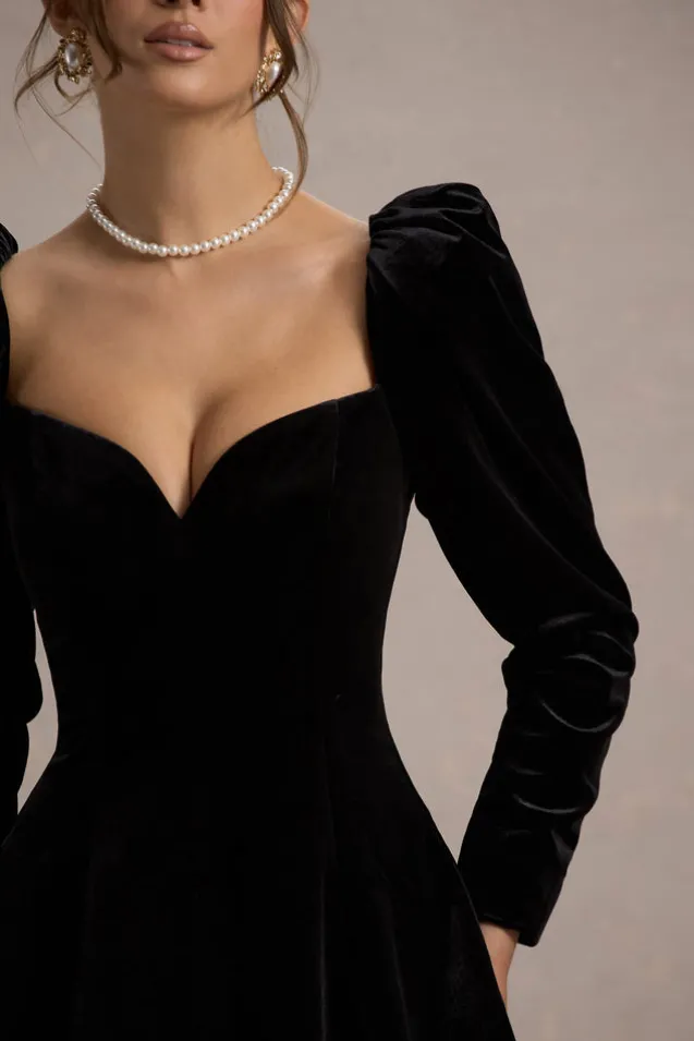 Shirley | Black Velvet Sweetheart Puff-Sleeve Mini Dress