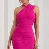 Shockwaves | Fuchsia Pink Ruched Strappy Halter-Neck Mini Dress