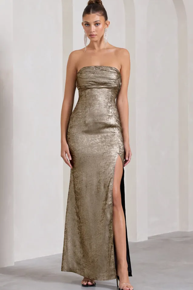 Showstopper | Gold Metallic Strapless Open-Back Split Maxi Dress