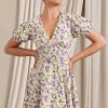 Si Si | Yellow Floral V-Neck Puff-Sleeved Buttoned Mini Dress