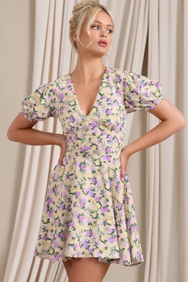 Si Si | Yellow Floral V-Neck Puff-Sleeved Buttoned Mini Dress