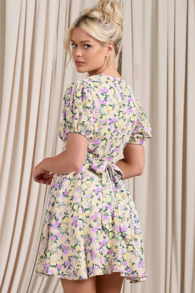 Si Si | Yellow Floral V-Neck Puff-Sleeved Buttoned Mini Dress