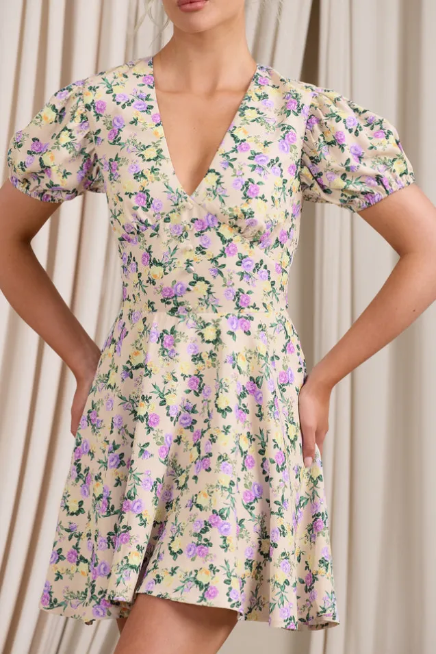 Si Si | Yellow Floral V-Neck Puff-Sleeved Buttoned Mini Dress