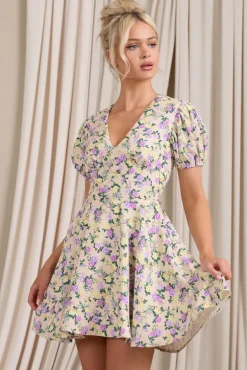 Si Si | Yellow Floral V-Neck Puff-Sleeved Buttoned Mini Dress