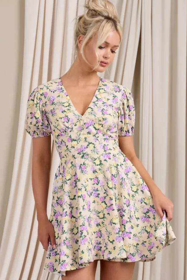 Si Si | Yellow Floral V-Neck Puff-Sleeved Buttoned Mini Dress