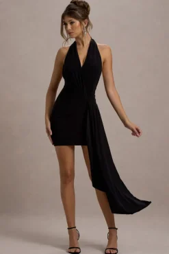 Sidney | Black Plunge-Neck Draped Wrap Mini Dress
