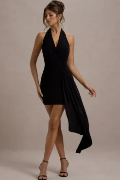 Sidney | Black Plunge-Neck Draped Wrap Mini Dress