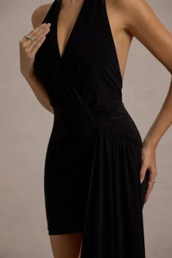 Sidney | Black Plunge-Neck Draped Wrap Mini Dress