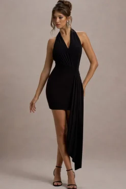 Sidney | Black Plunge-Neck Draped Wrap Mini Dress