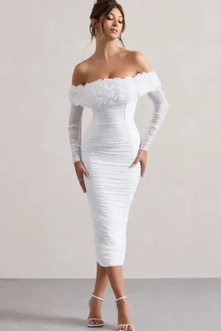 Sierra | White Mesh Ruched Floral Bardot Lace-Up Midi Dress