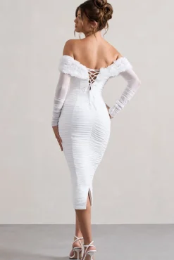 Sierra | White Mesh Ruched Floral Bardot Lace-Up Midi Dress