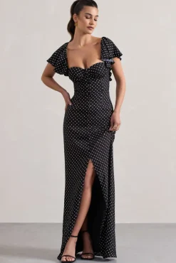 Signorina | Black Polka Dot Buttoned Maxi Dress With Flounced Short Sleeves