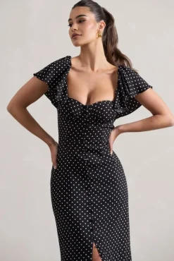 Signorina | Black Polka Dot Buttoned Maxi Dress With Flounced Short Sleeves