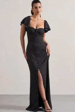 Signorina | Black Polka Dot Buttoned Maxi Dress With Flounced Short Sleeves