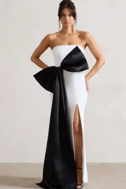 Sincerely | White Bandeau Split Maxi Dress With Oversized Black Bow