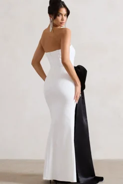 Sincerely | White Bandeau Split Maxi Dress With Oversized Black Bow