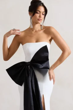 Sincerely | White Bandeau Split Maxi Dress With Oversized Black Bow