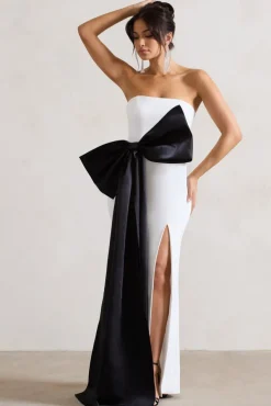 Sincerely | White Bandeau Split Maxi Dress With Oversized Black Bow