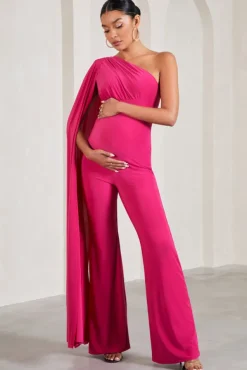 Sing To Sleep | Hot Pink Maternity One Shoulder Cape Jumpsuit