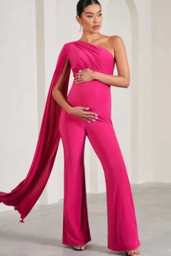 Sing To Sleep | Hot Pink Maternity One Shoulder Cape Jumpsuit