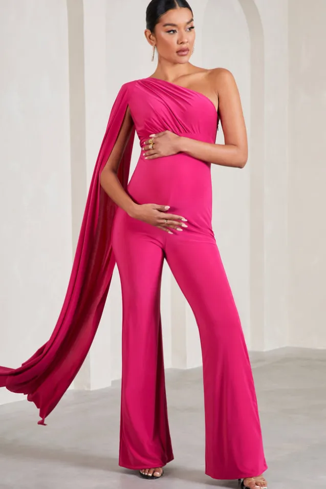 Sing To Sleep | Hot Pink Maternity One Shoulder Cape Jumpsuit