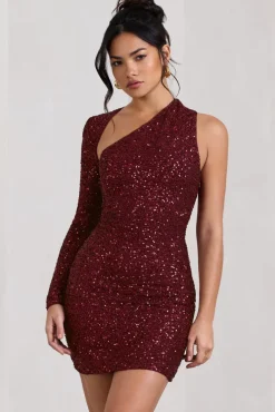 Siren | Burgundy Sequin One Shoulder Bodycon Mini Dress