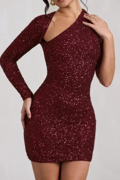 Siren | Burgundy Sequin One Shoulder Bodycon Mini Dress