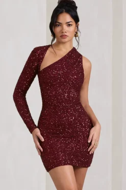 Siren | Burgundy Sequin One Shoulder Bodycon Mini Dress
