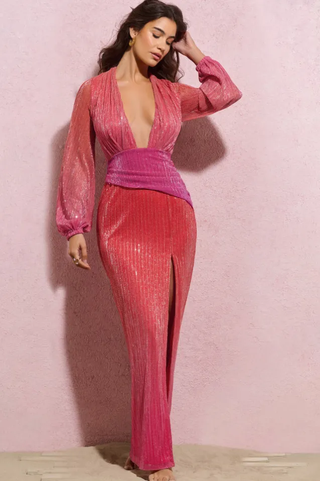 Sky Dance | Pink u0026 Orange Ombre Chiffon Balloon-Sleeved Split Maxi Dress