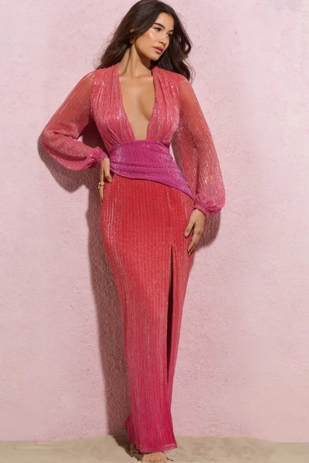 Sky Dance | Pink u0026 Orange Ombre Chiffon Balloon-Sleeved Split Maxi Dress