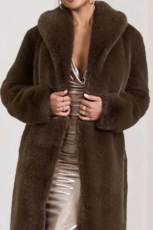 Slopeside | Brown Long Belted Faux Fur Coat
